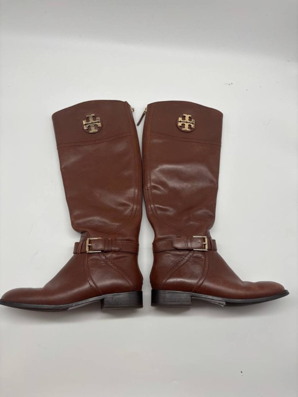 TORY BURCH Adeline Riding Tall BOOTS 7M Leather Almond Brown Gold Logo NEW $498